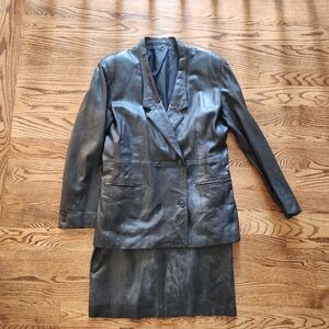 Black Blazer Style Leather Long Jacket  Skirt Set Women's Size 12 Vintage 1970s
